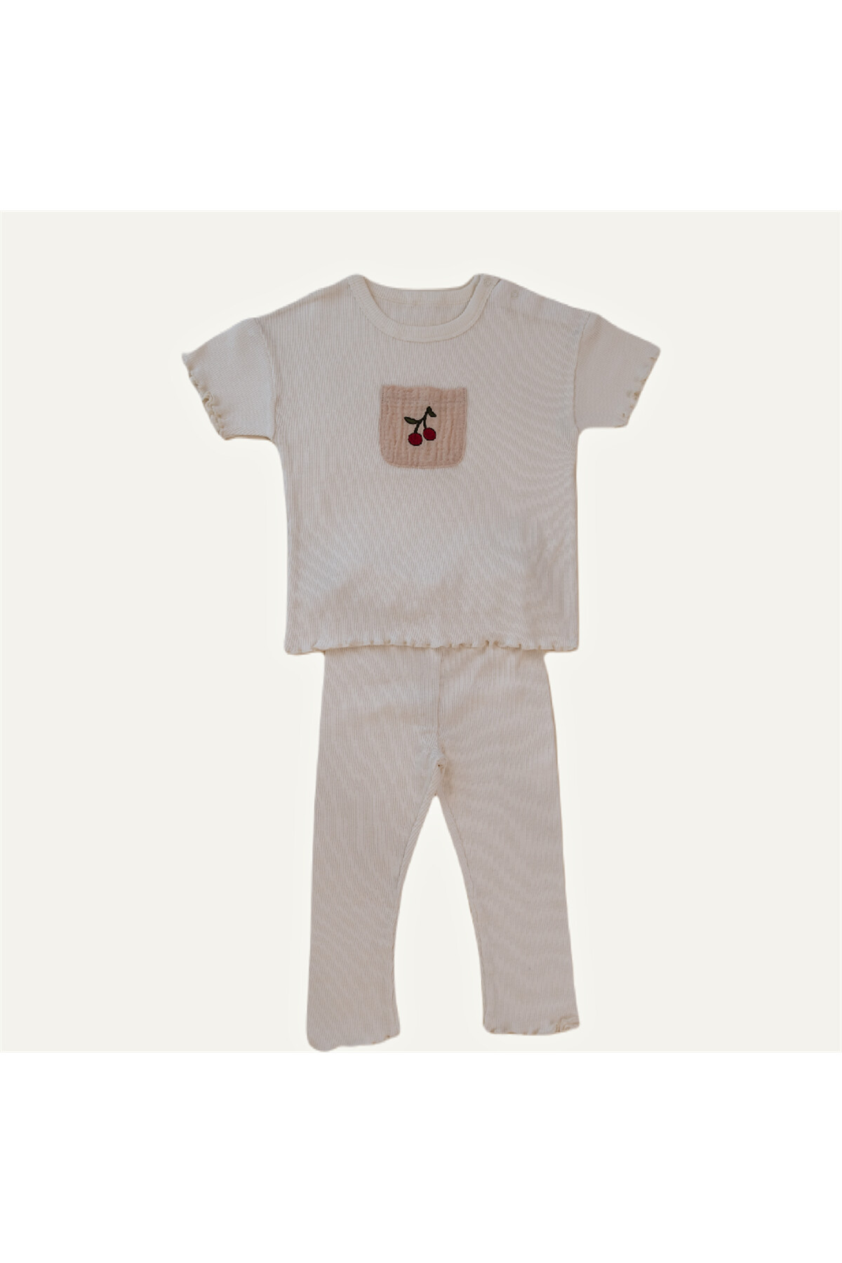 Nakışlı Ve Cepli Müslin Bebek Ribana Takımı - Bej