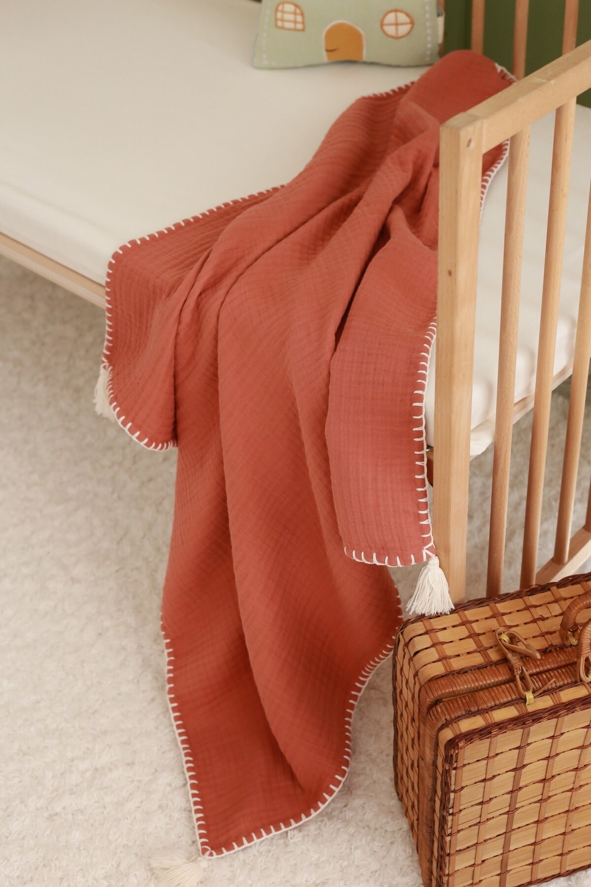 Hand Embroidered 4-Layer Muslin - Terracotta/Ecru