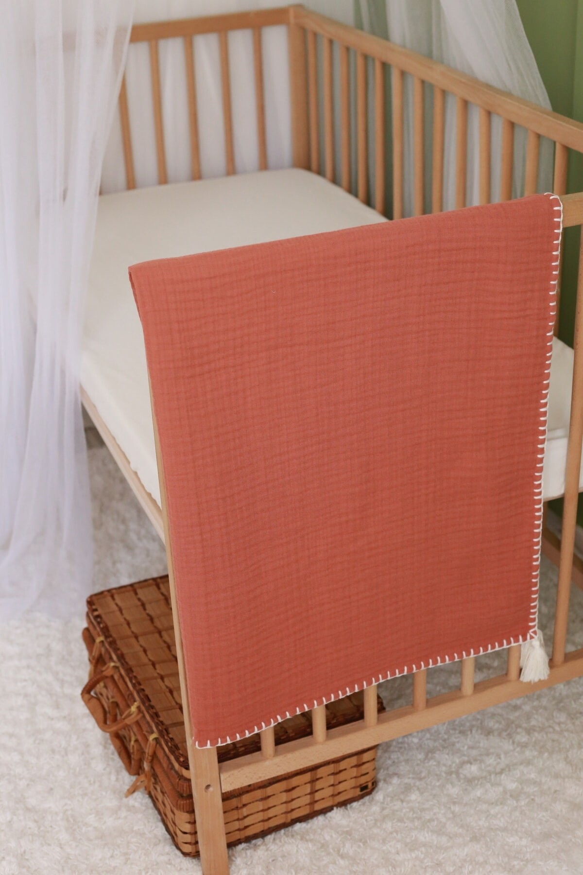 Hand Embroidered 4-Layer Muslin - Terracotta/Ecru