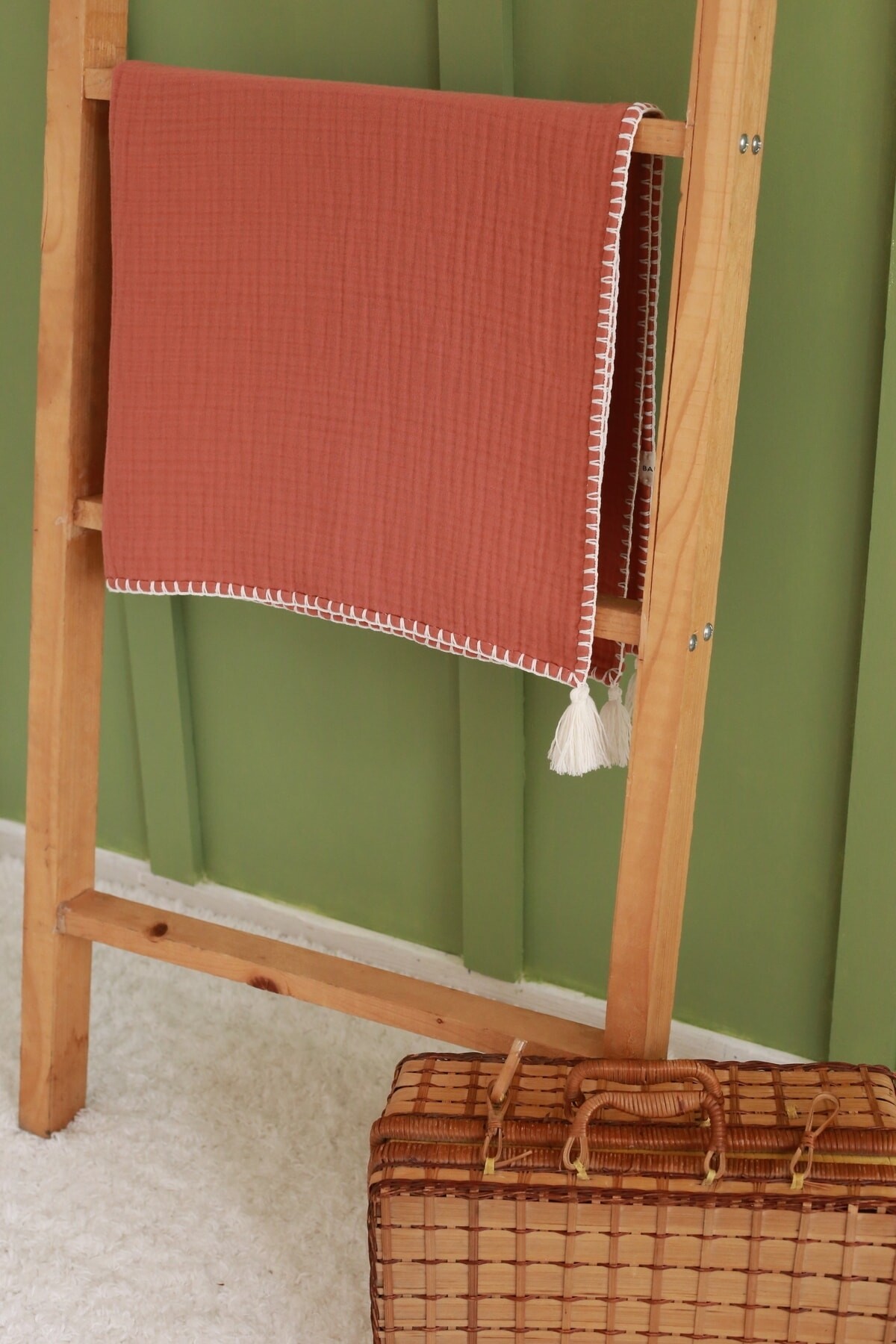 Hand Embroidered 4-Layer Muslin - Terracotta/Ecru