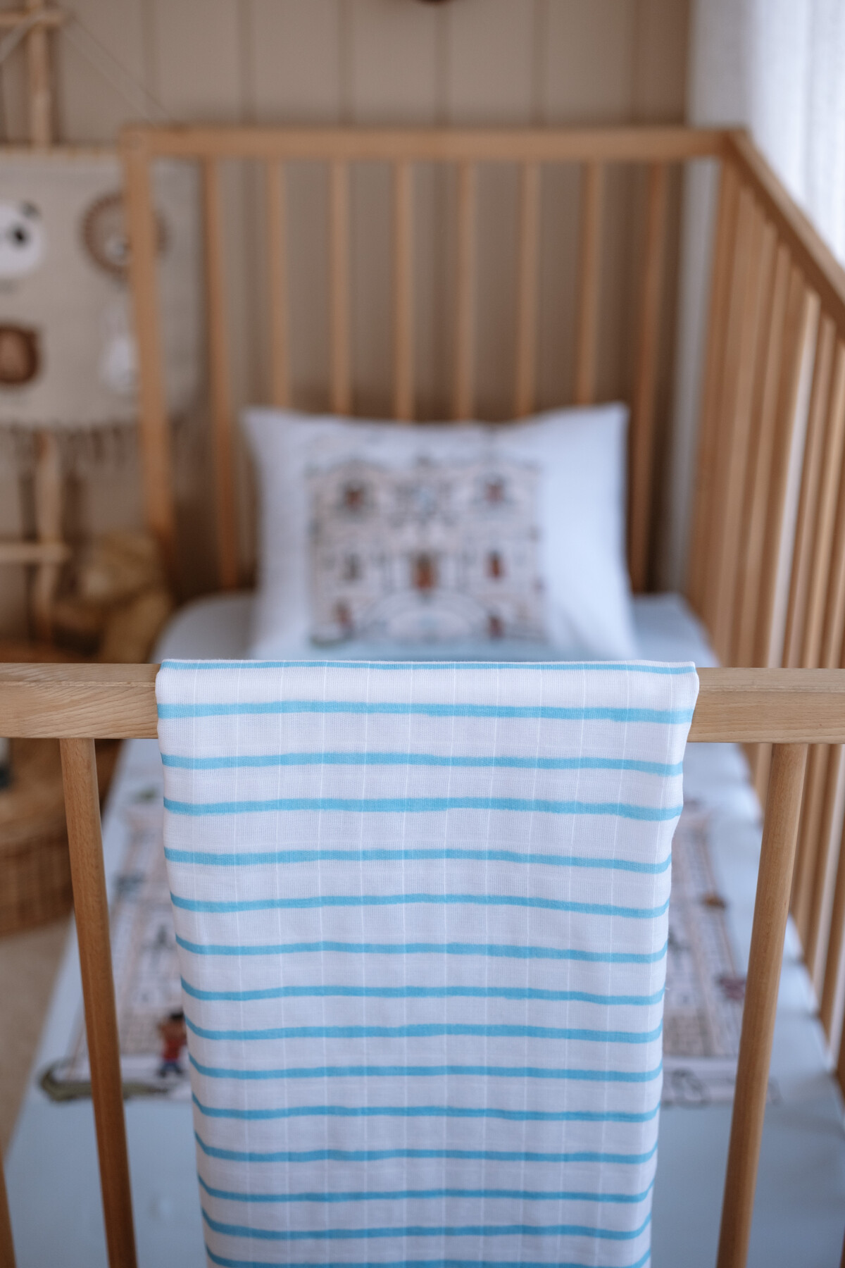 Çift Katlı Müslin Bebek Örtüsü - Mavi Çizgili