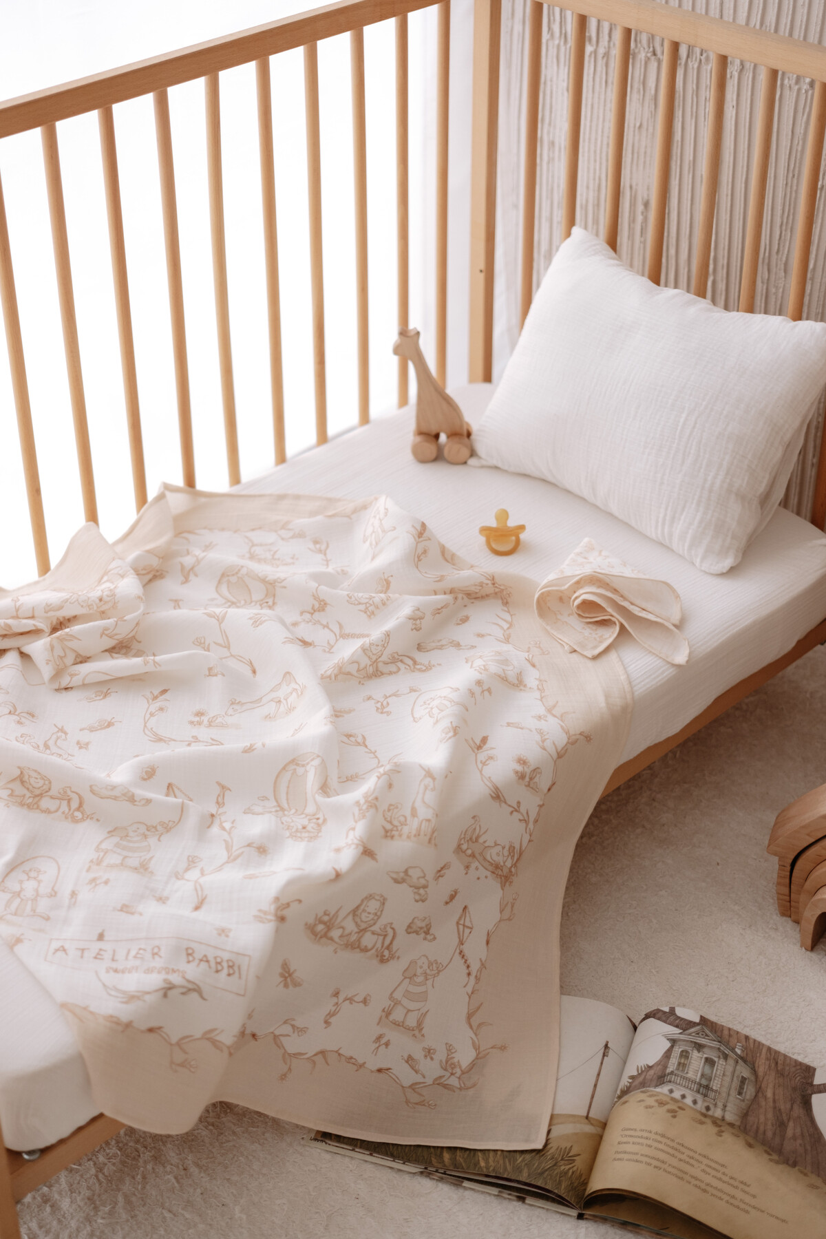 Çift Katlı Müslin Bebek Örtüsü - Toile De Jouy / Bej