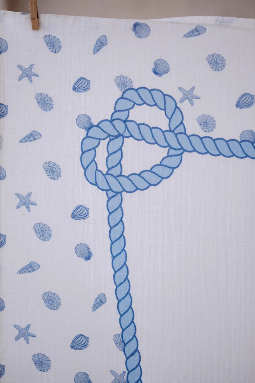 Müslin Bebek Örtüsü Ve 3’Lü Ağız Bezi Seti - Deniz Kabukları