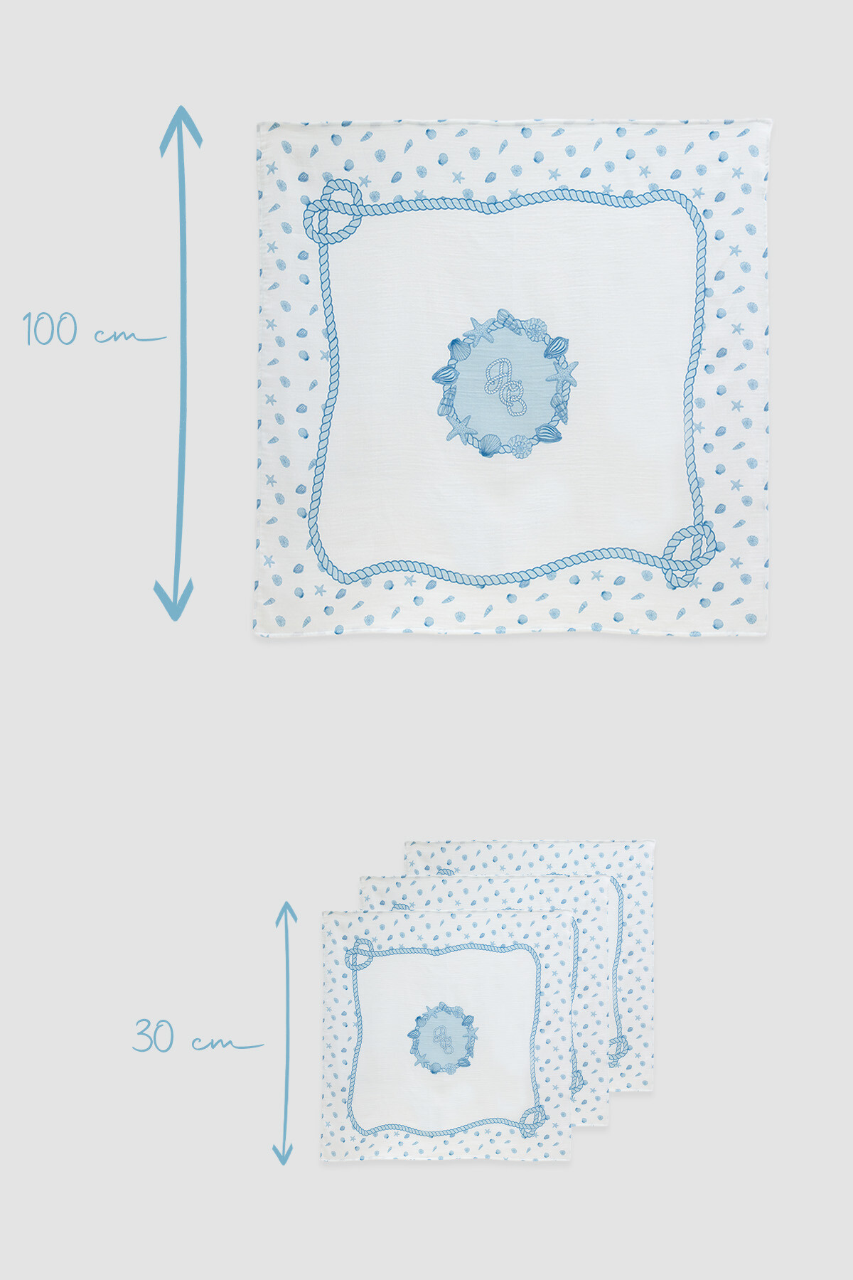 Müslin Bebek Örtüsü Ve 3’Lü Ağız Bezi Seti - Deniz Kabukları