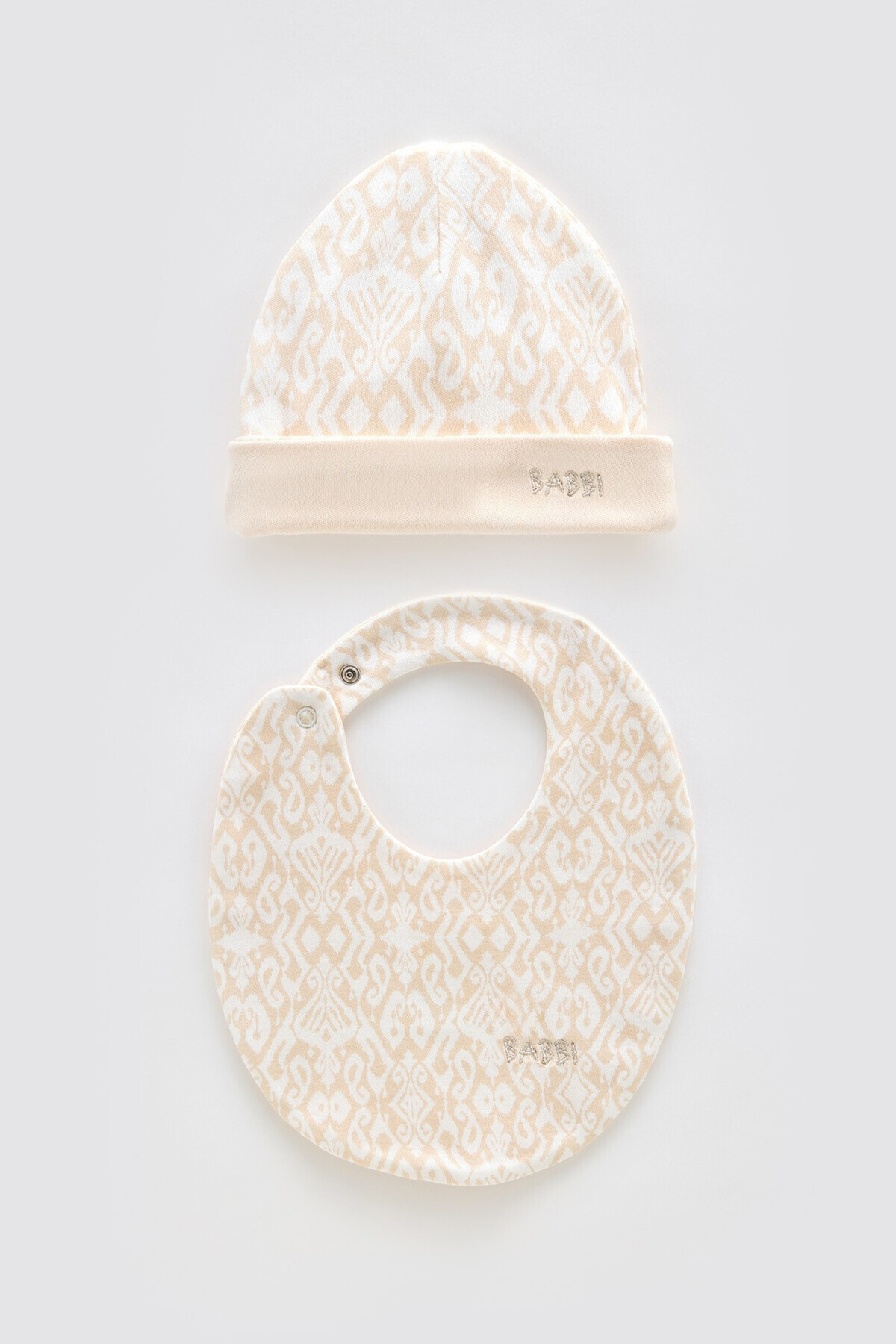 Yenidoğan Önlük & Şapka Seti - İkat / Bej