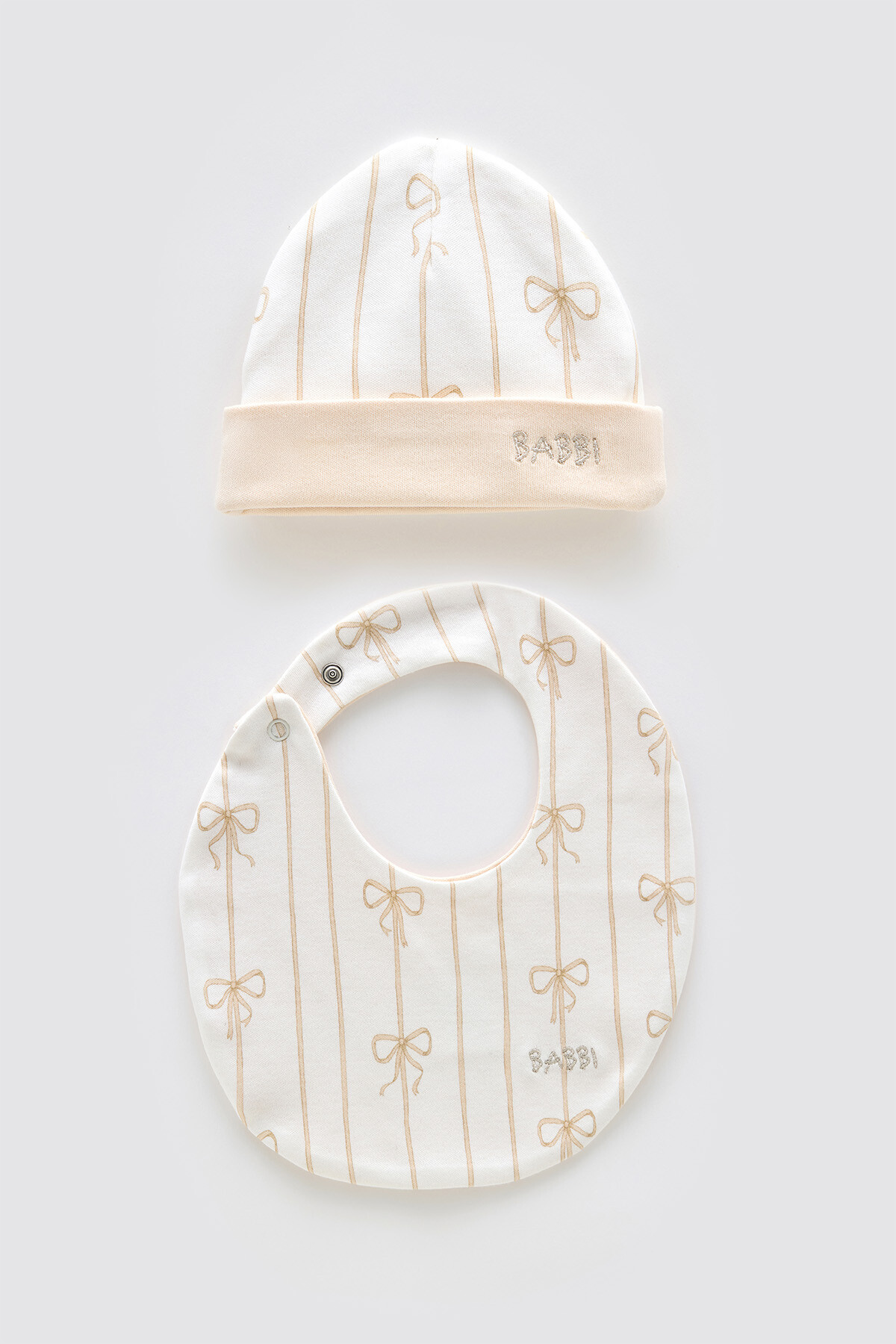 Newborn Bib & Hat Set - Ribbon/Beige