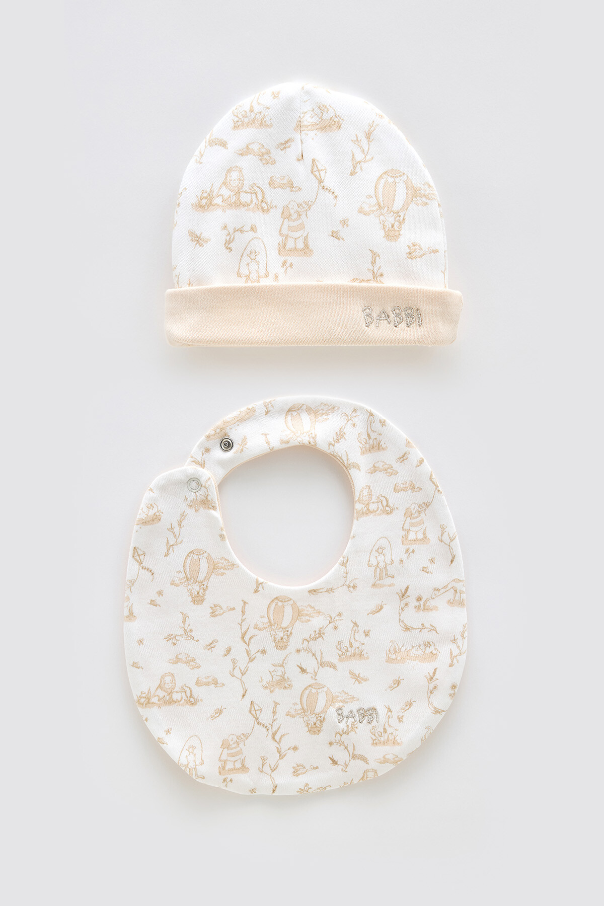 Newborn Bib & Hat Set - Toile De Jouy/Beige