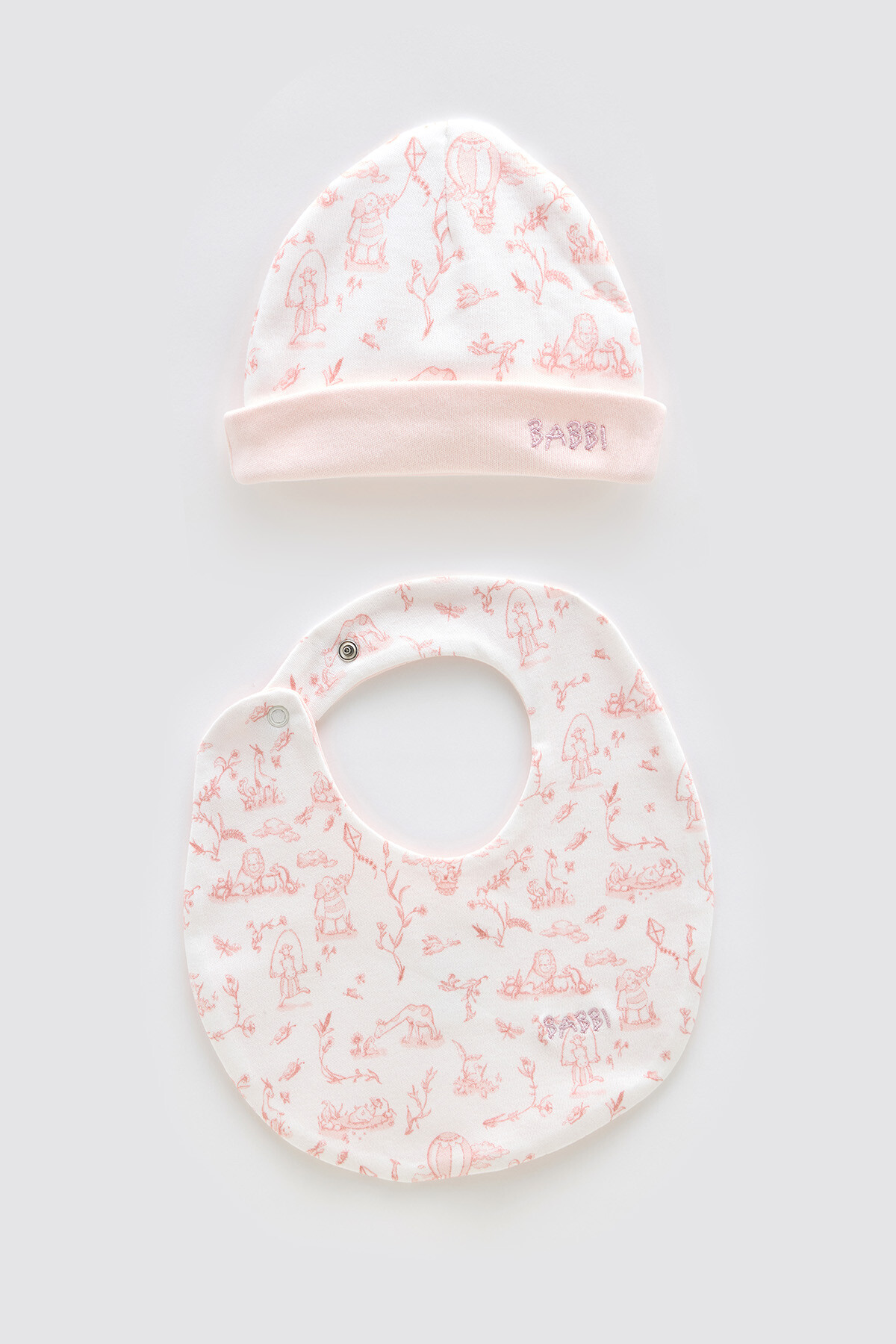 Newborn Bib & Hat Set - Toile De Jouy/Pink