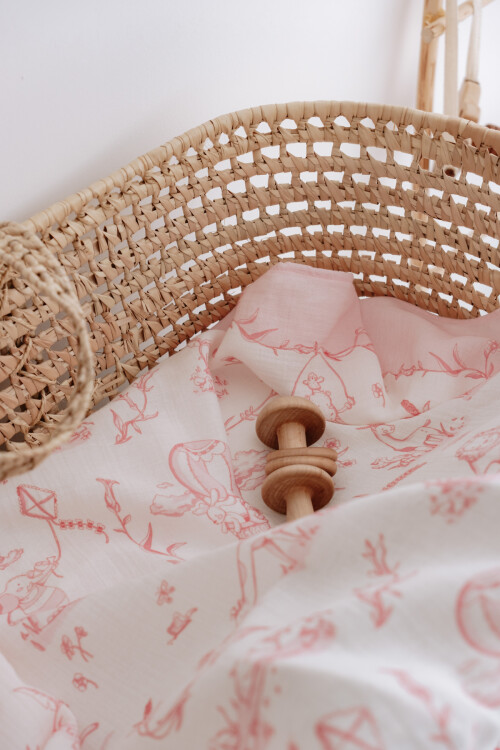Çift Katlı Müslin Bebek Örtüsü - Toile De Jouy / Pembe