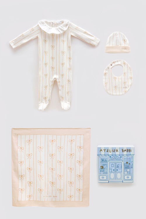 NEWBORN SET (4-PIECE) -  RIBBON/BEIGE