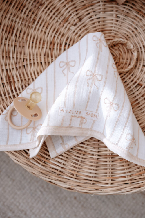 Muslin Swaddle and 3 Piece Mouth Cloth Set - Ribbon / Beige