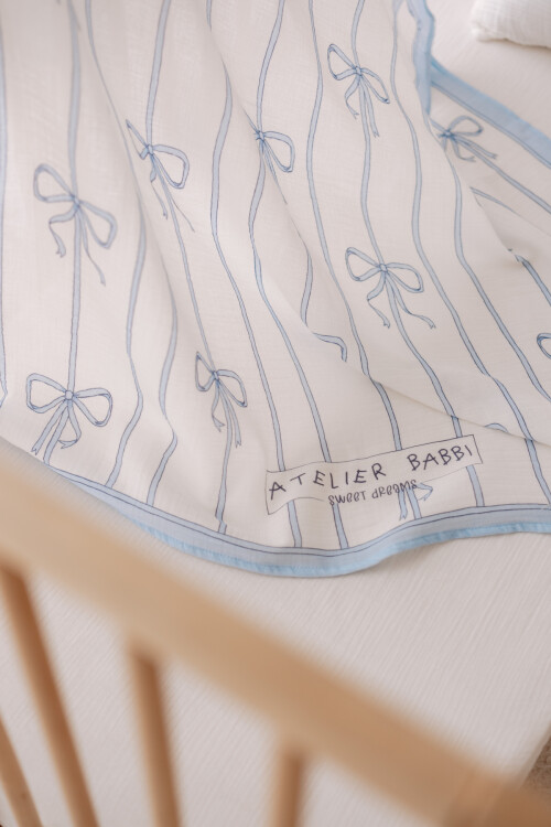 Muslin Swaddle and 3 Piece Mouth Cloth Set - Ribbon / Blue