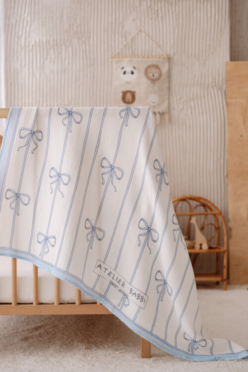 Muslin Swaddle and 3 Piece Mouth Cloth Set - Ribbon / Blue