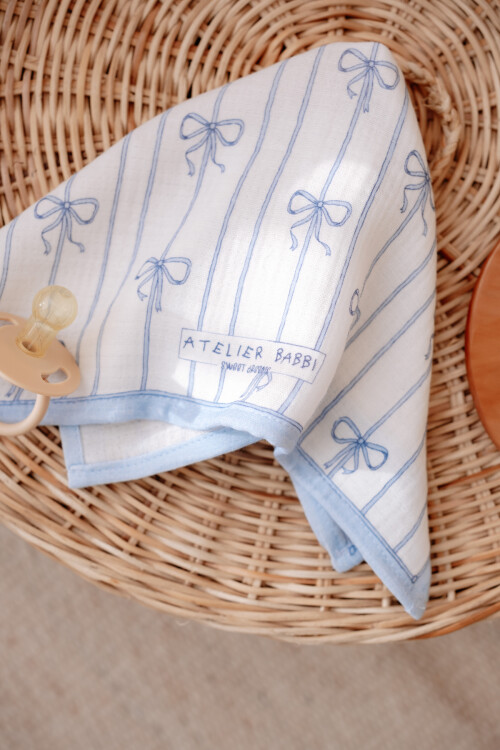 Muslin Swaddle and 3 Piece Mouth Cloth Set - Ribbon / Blue