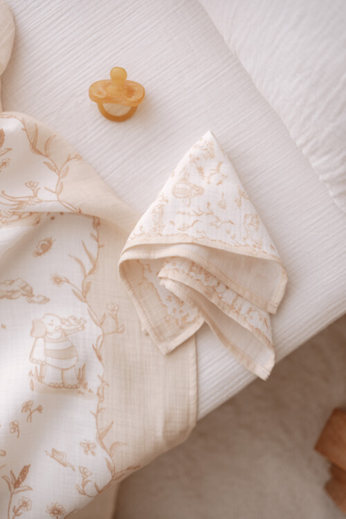 Muslin Swaddle and 3 Piece Mouth Cloth Set - Toile de Jouy / Beige