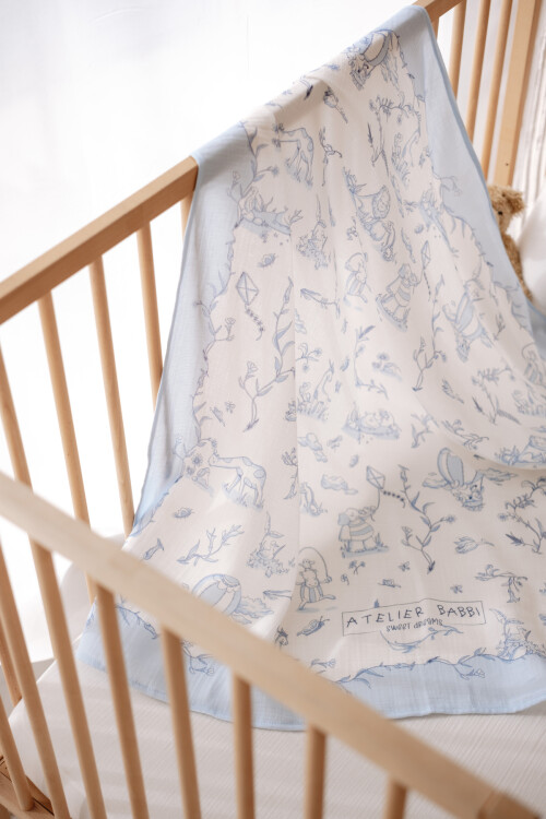 Muslin Swaddle and 3 Piece Mouth Cloth Set - Toile de Jouy / Blue