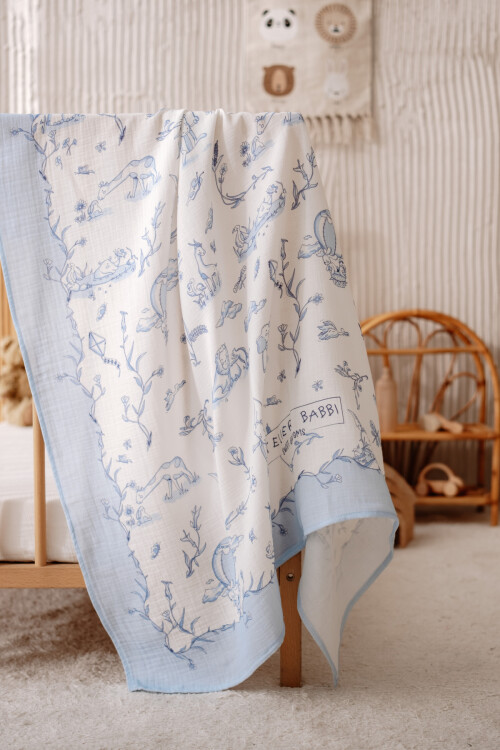 Muslin Swaddle and 3 Piece Mouth Cloth Set - Toile de Jouy / Blue
