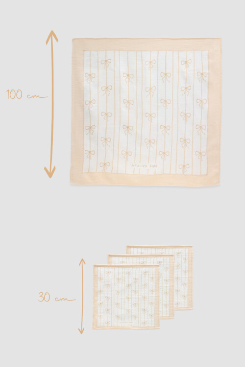 Muslin Swaddle and 3 Piece Mouth Cloth Set - Ribbon / Beige