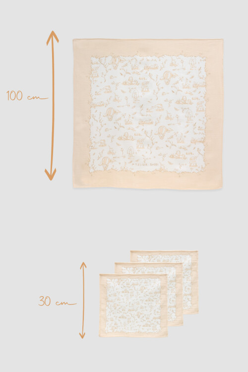 Muslin Swaddle and 3 Piece Mouth Cloth Set - Toile de Jouy / Beige