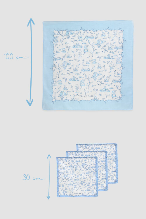 Muslin Swaddle and 3 Piece Mouth Cloth Set - Toile de Jouy / Blue
