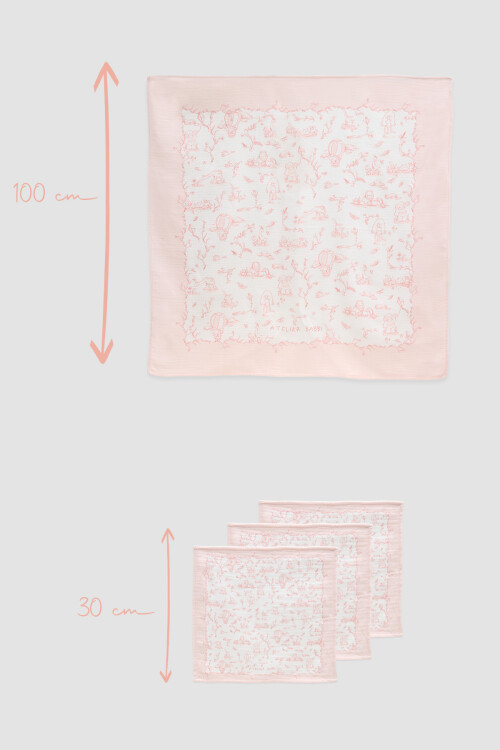Muslin Swaddle and 3 Piece Mouth Cloth Set - Toile de Jouy / Pink