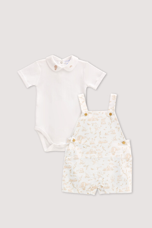 Baby Overalls & Embroidered Body Set - Toile De Jouy / Beige