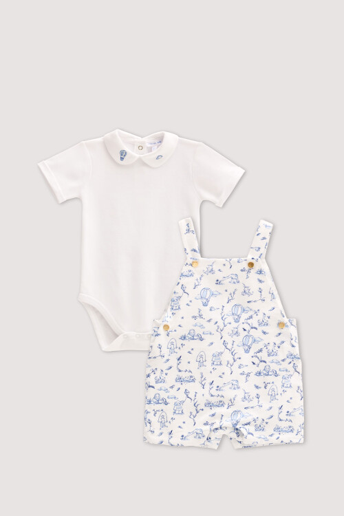 Baby Overalls & Embroidered Body Set - Toile De Jouy / Blue