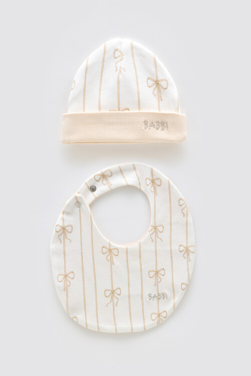 Newborn Bib & Hat Set - Ribbon/Beige