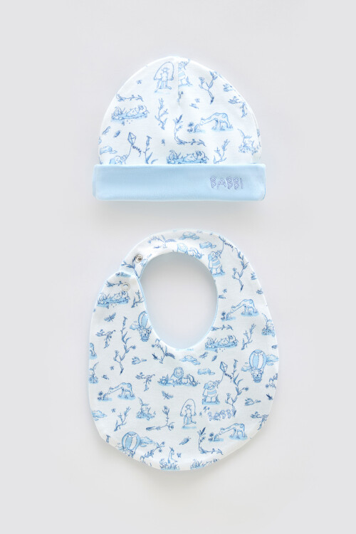 Newborn Bib & Hat Set - Toile De Jouy/Blue