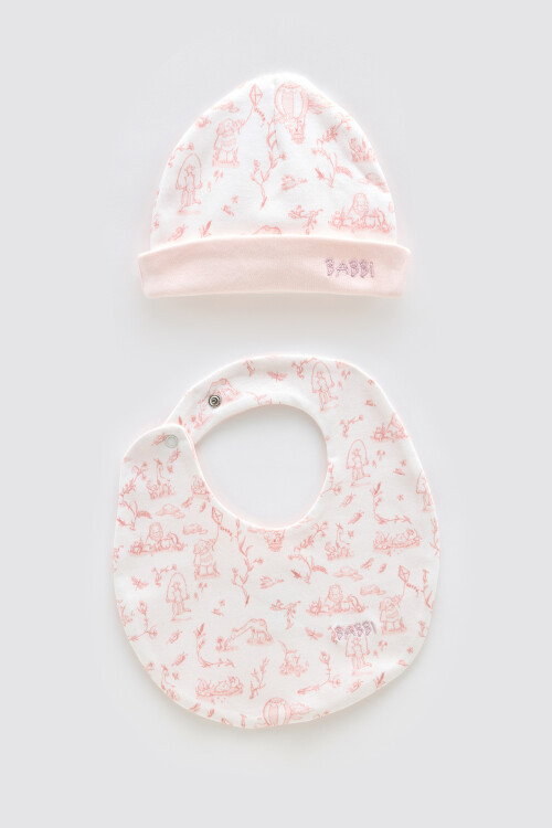 Newborn Bib & Hat Set - Toile De Jouy/Pink